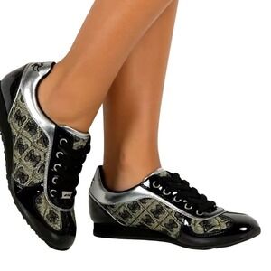 Guess Womens Logo Jacquard Sneakers Black Patent Leather‎ Lace Up Shoes 5 NIB